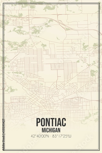 Retro US city map of Pontiac, Michigan. Vintage street map.