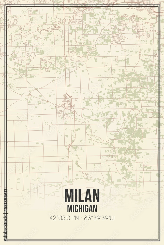 Retro US city map of Milan, Michigan. Vintage street map.