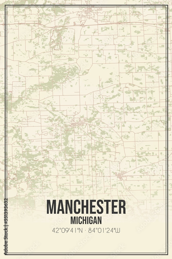 Retro US city map of Manchester, Michigan. Vintage street map.