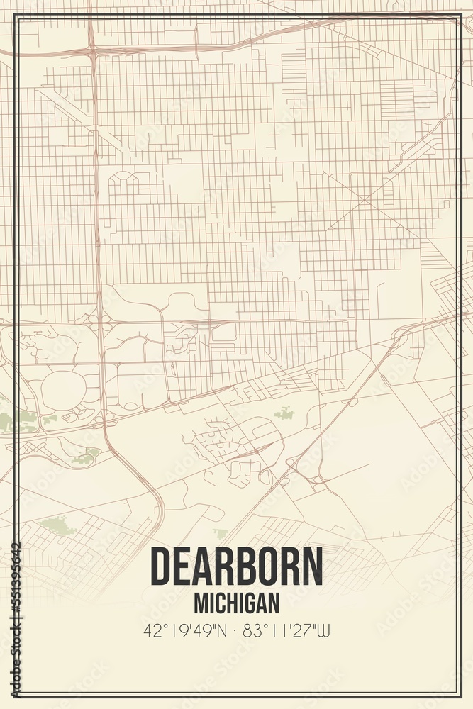 Retro US city map of Dearborn, Michigan. Vintage street map.