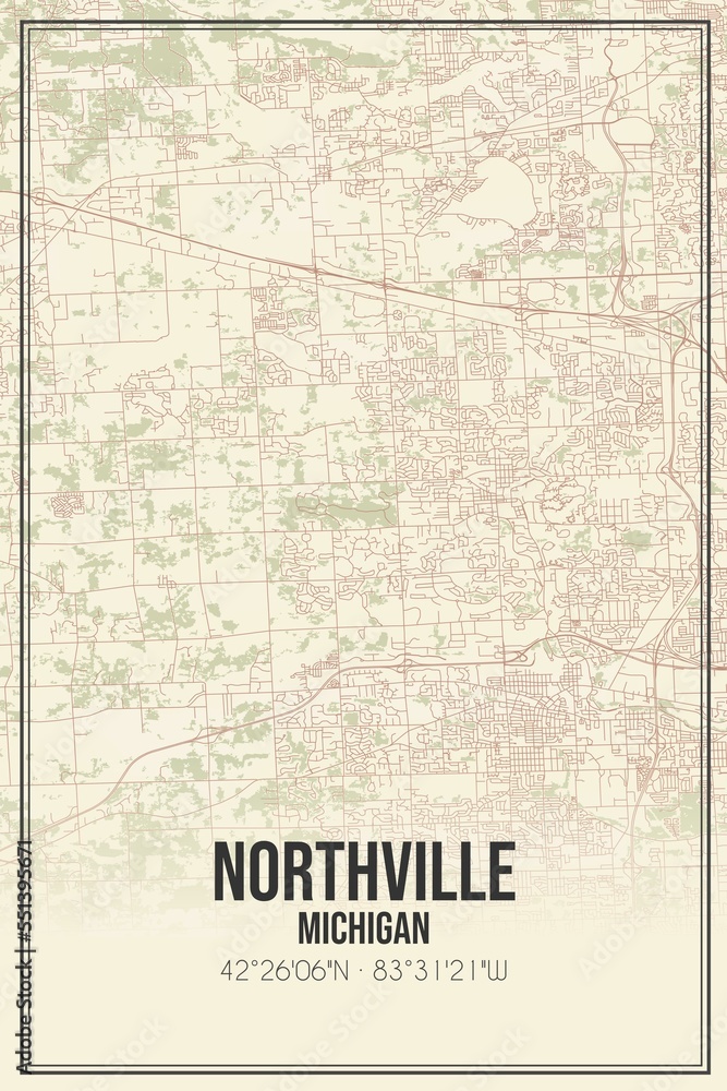 Retro US city map of Northville, Michigan. Vintage street map.