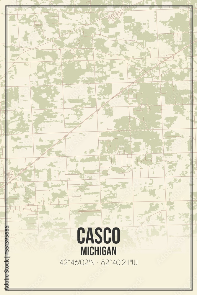 Fototapeta premium Retro US city map of Casco, Michigan. Vintage street map.
