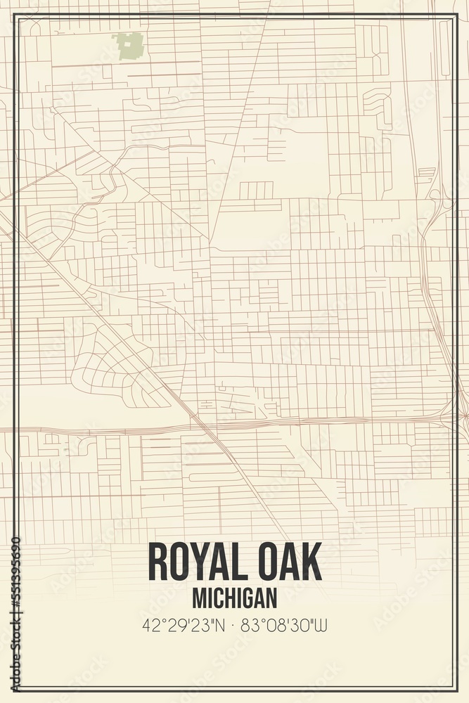 Retro US city map of Royal Oak, Michigan. Vintage street map.