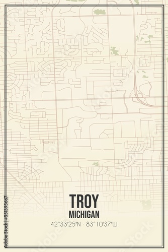 Retro US city map of Troy, Michigan. Vintage street map.