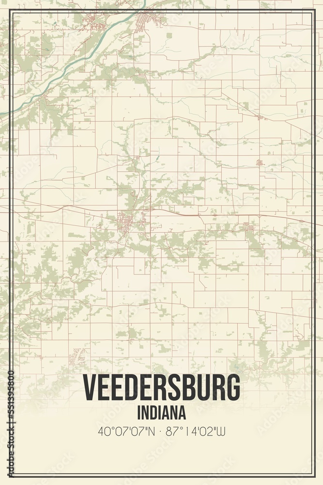Retro US city map of Veedersburg, Indiana. Vintage street map.