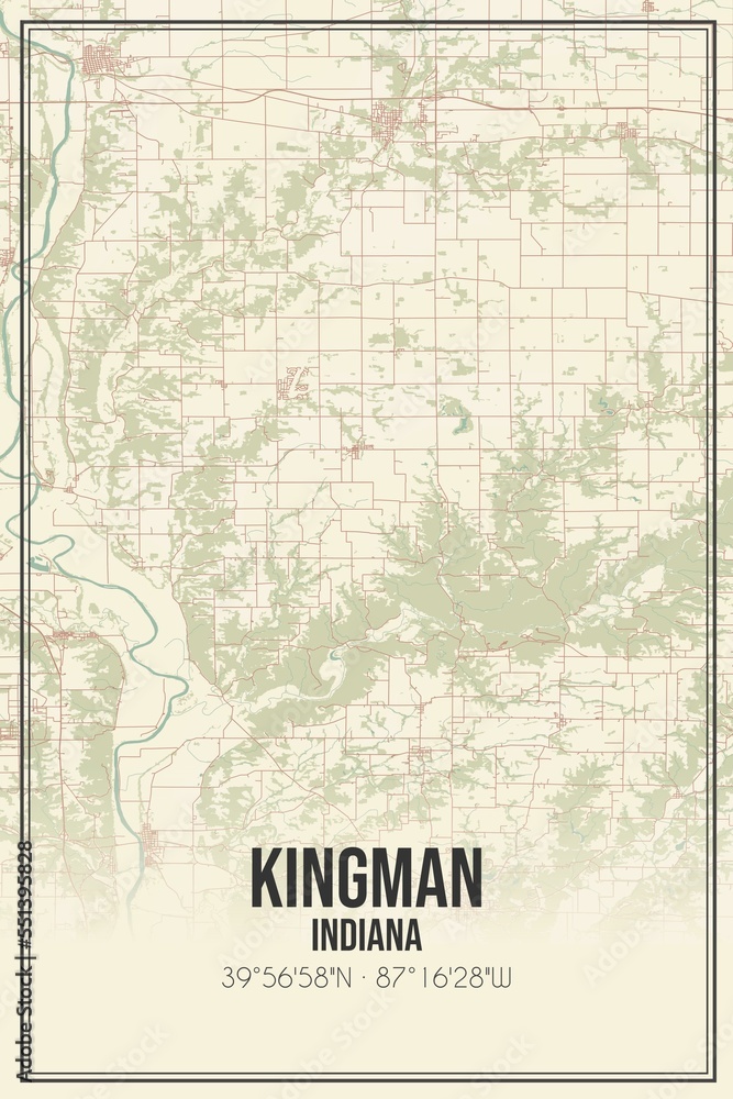 Fototapeta premium Retro US city map of Kingman, Indiana. Vintage street map.