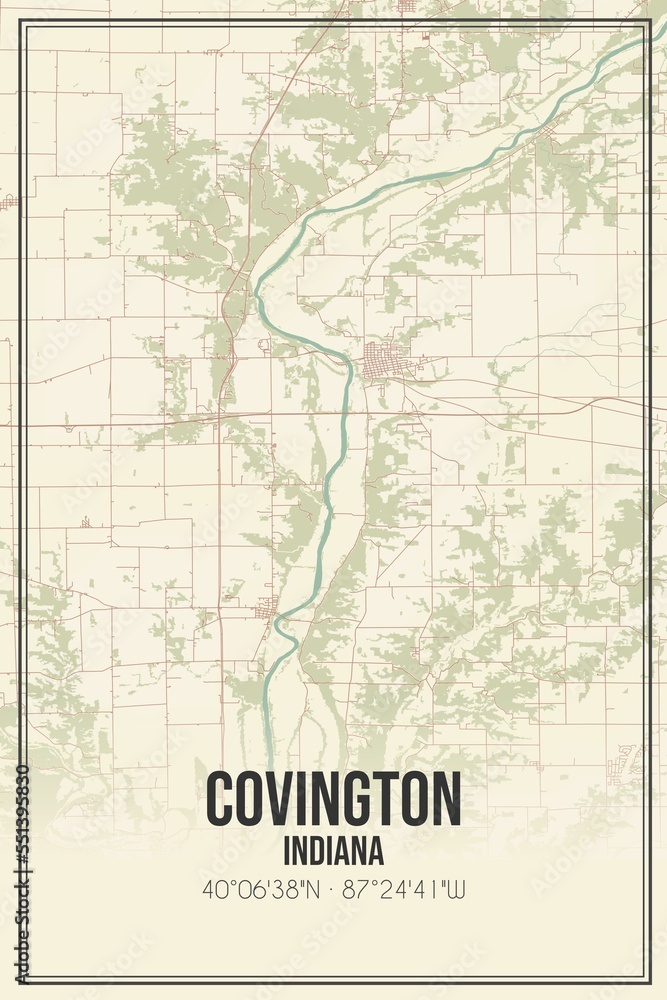 Retro US city map of Covington, Indiana. Vintage street map.