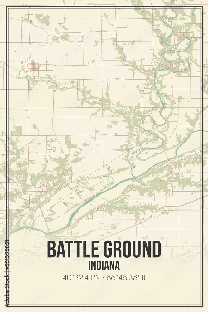 Retro US city map of Battle Ground, Indiana. Vintage street map.