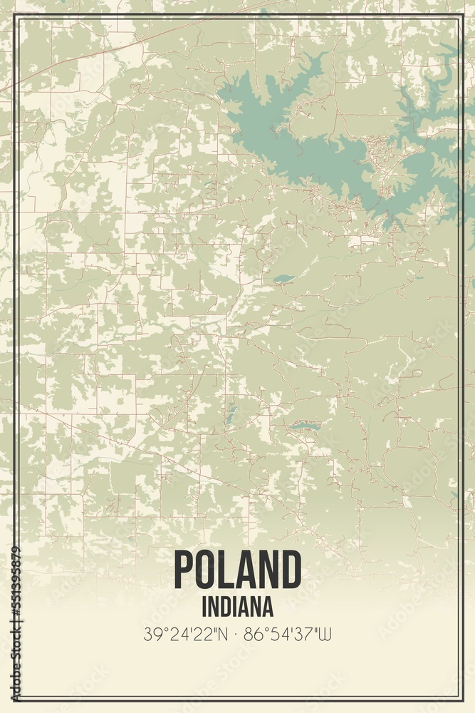 Retro US city map of Poland, Indiana. Vintage street map.