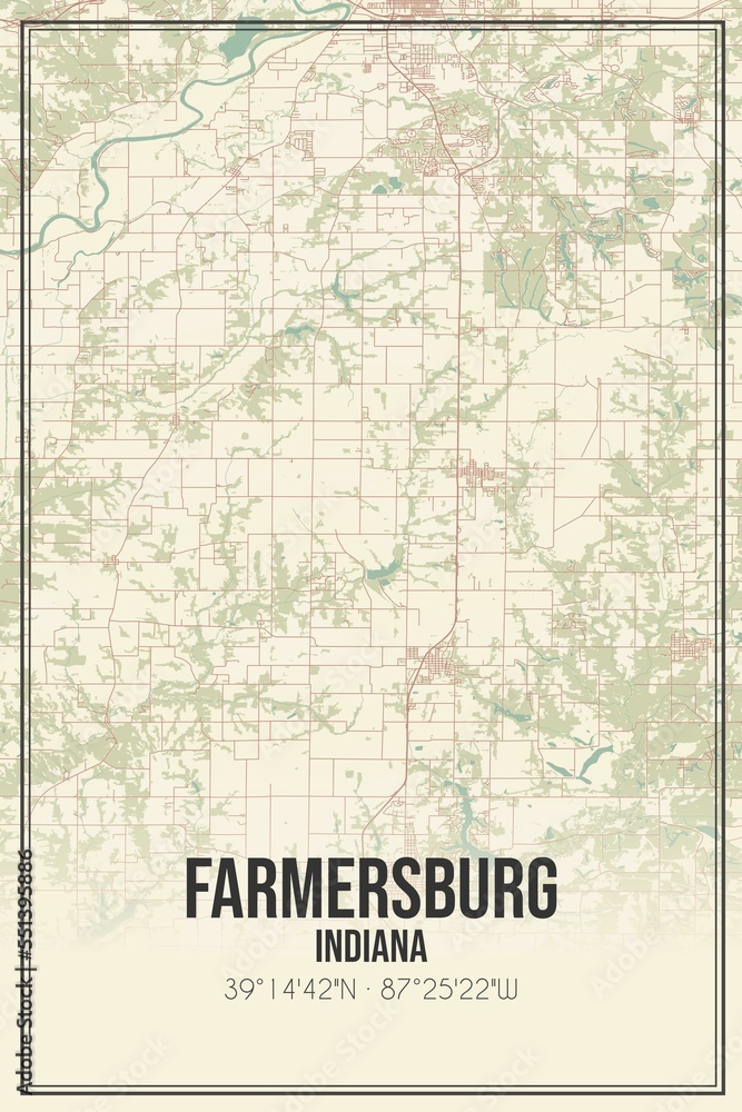 Retro US city map of Farmersburg, Indiana. Vintage street map.