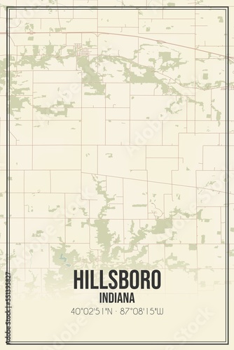 Retro US city map of Hillsboro, Indiana. Vintage street map.