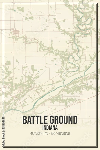 Retro US city map of Battle Ground  Indiana. Vintage street map.
