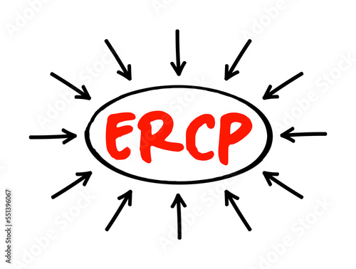ERCP Endoscopic Retrograde CholangioPancreatography - procedure to diagnose and treat problems in the liver, gallbladder, bile ducts, and pancreas, acronym text with arrows