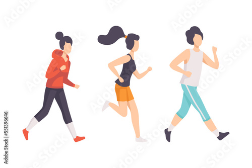 Young Man and Woman Running Marathon Engaged in Sport Training Vector Set