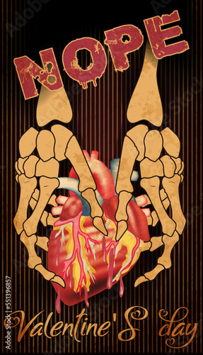 No Valentines day card,skeleton hands holding a heart . vector illustration	