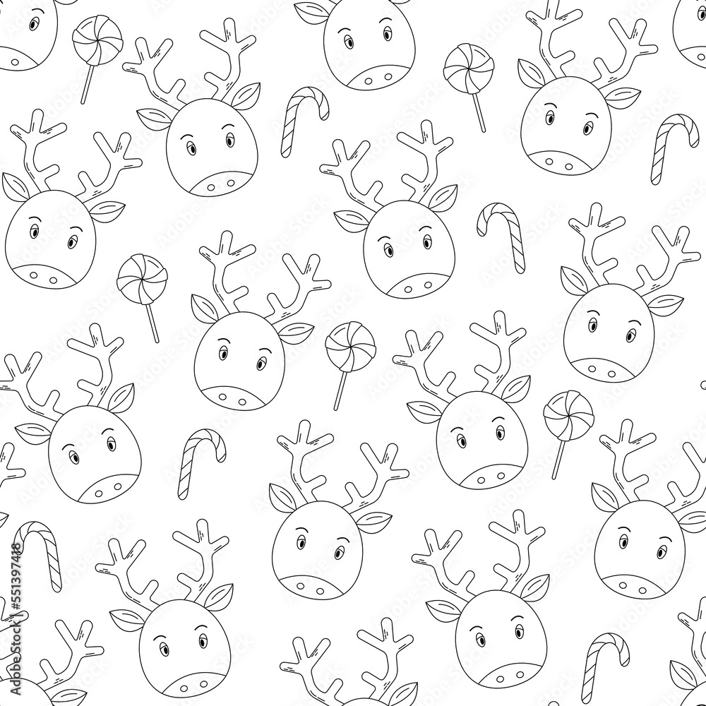 Seamless Black and White Christmas pattern with doodle reindeers and lollipops on a white background. Wrapping paper design. Seamless Black and White Christmas pattern with doodle reindeers and lollipops on a white background. Wrapping paper design.