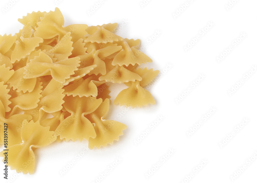 Raw farfalle pasta, Itallian food, close-up, isolated on white Raw farfalle pasta, Itallian food, close-up, isolated on white