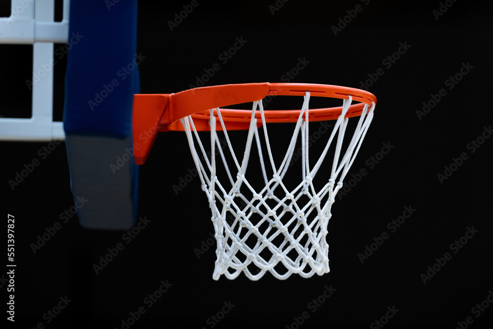 Basketball hoop isolated on black background. Horizontal sport poster, greeting cards, headers, website