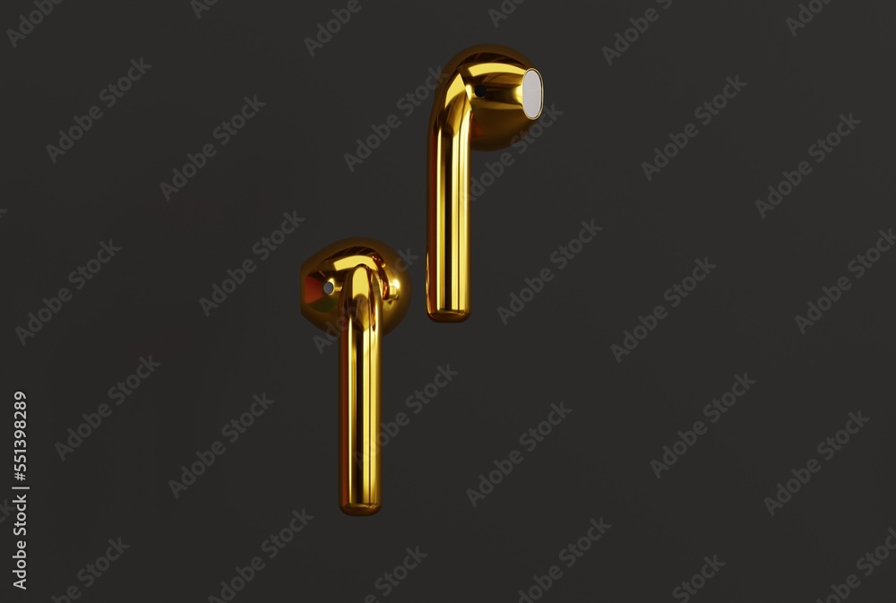 Wireless earbuds, earphones on a dark background. Concept of listening to music, using wireless headphones. Modern headphones. 3D render, 3D illustration. Wireless earbuds, earphones on a dark background. Concept of listening to music, using wireless headphones. Modern headphones. 3D render, 3D illustration.