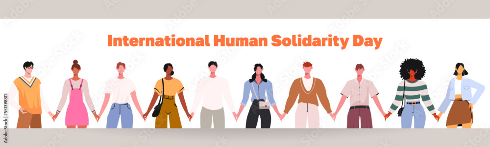 Happy people standing in row together holding hands. International Human Solidarity Day. Friendly team, cooperation, friendship. Concept for social poster, banner of human solidarity, tolerance day. Happy people standing in row together holding hands. International Human Solidarity Day. Friendly team, cooperation, friendship. Concept for social poster, banner of human solidarity, tolerance day.