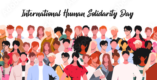 Flat vector illustration of international human solidarity day good for international human solidarity day celebration. Group of young modern men and women stand side by side together. 