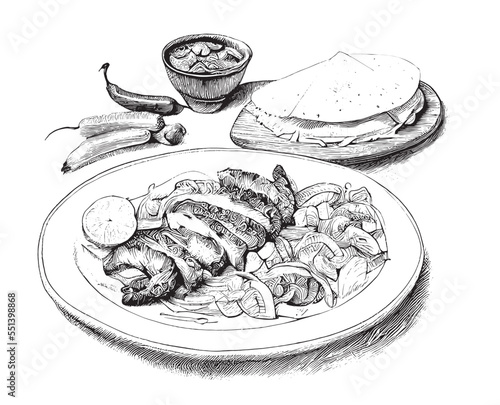 Fajitas hand drawn engraving sketch Restaurant business concept Vector illustration