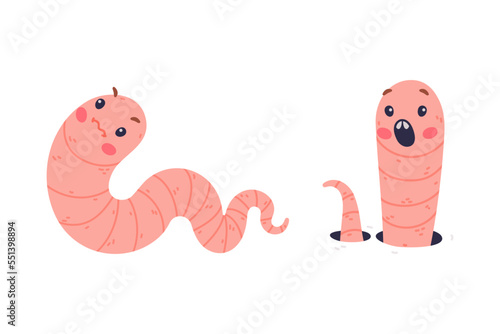 Funny Pink Worm Character with Long Tube Body Vector Set