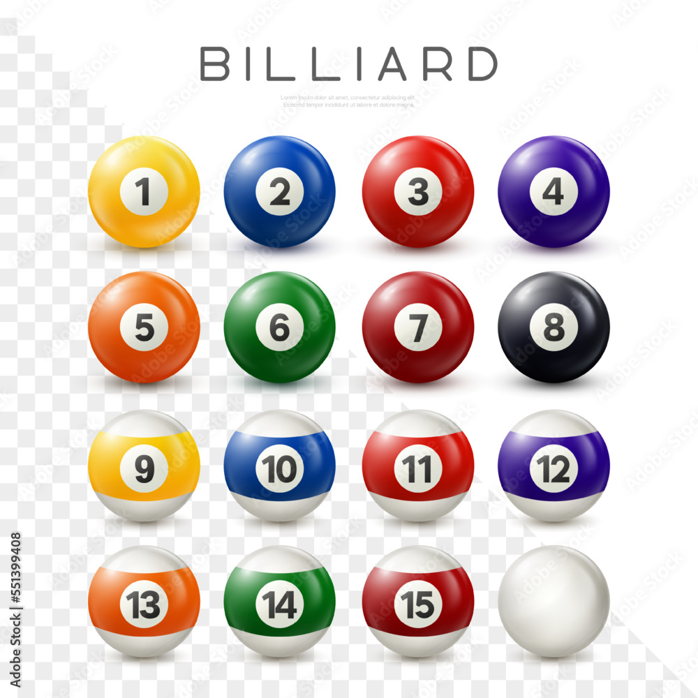 Billiard, pool balls set. Vector realistic snooker ball collection with numbers on transparent background Billiard, pool balls set. Vector realistic snooker ball collection with numbers on transparent background