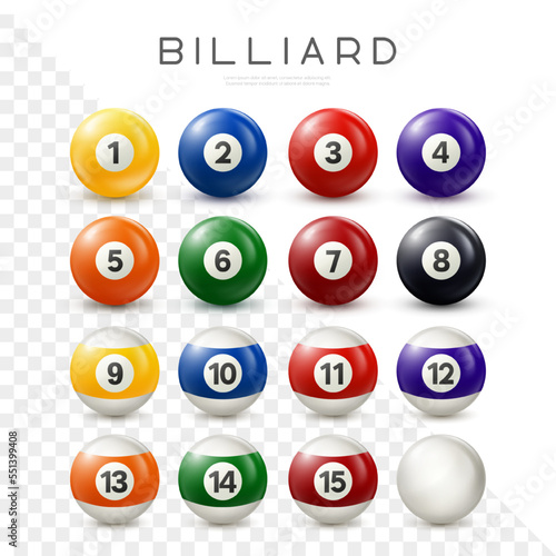 Billiard, pool balls set. Vector realistic snooker ball collection with numbers on transparent background