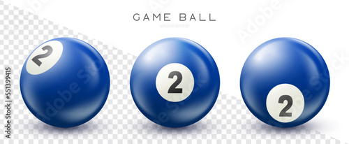 Billiard, blue pool ball with number 2 Snooker or lottery ball on transparent background Vector illustration
