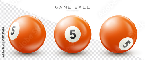 Billiard, orange pool ball with number 5 Snooker or lottery ball on transparent background Vector illustration