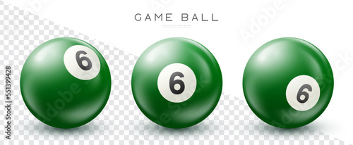 Billiard, green pool ball with number 6 Snooker or lottery ball on transparent background Vector illustration