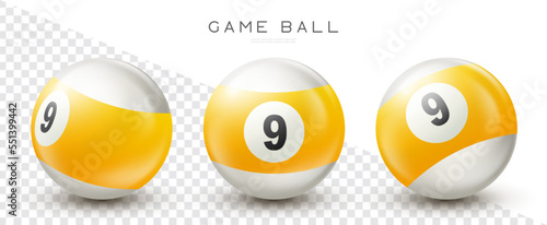 Billiard, yellow pool ball with number 9 Snooker or lottery ball on transparent background Vector illustration