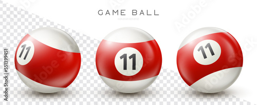 Billiard, red pool ball with number 11 Snooker or lottery ball on transparent background Vector illustration
