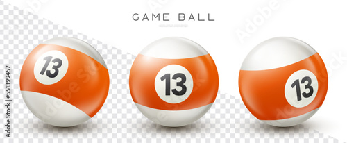 Billiard, orange pool ball with number 13 Snooker or lottery ball on transparent background Vector illustration