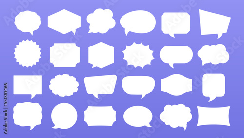 Abstract white geometric shapes set. Outline blank frame templates, speech bubbles, badges, price tags, sticker, think cloud. Silhouette icons