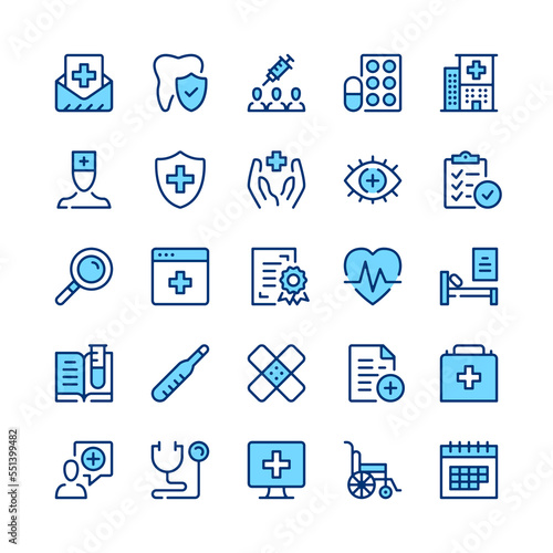 Medicine line icons. Blue color. Vector line icons set