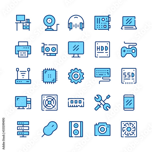 Computer hardware line icons. Blue color. Vector line icons set