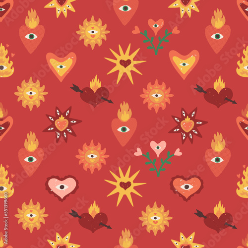 Cute, Funny Valentine's day retro vector seamless pattern. Various heart repeat with characters like angels and devils.