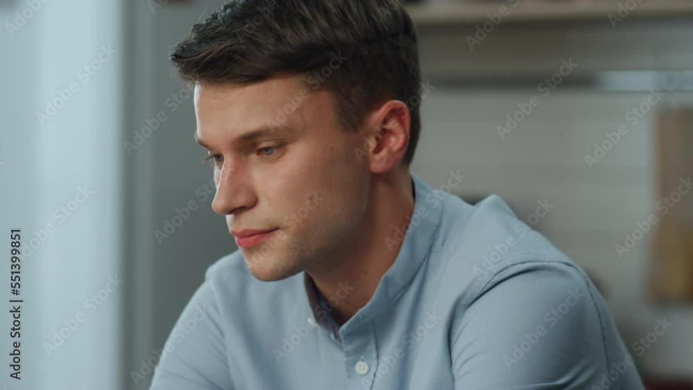 Man passing distant interview with hr manager at home close up. Freelance work. Man passing distant interview with hr manager at home close up. Freelance work.