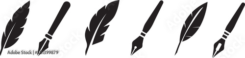 Pack of feather quill pens and fountain pens logos on white background
