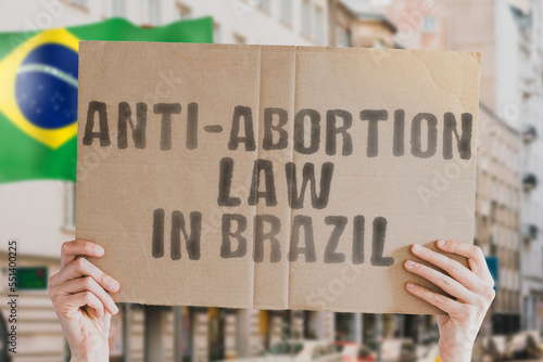 The phrase " Anti-abortion law in Brazil " is on a banner in men's hands with blurred background. Stop. Ban. Law. Legal. Pregnancy. Right. Decision. Gavel. Judge. Social. Authority. Issue. Justice