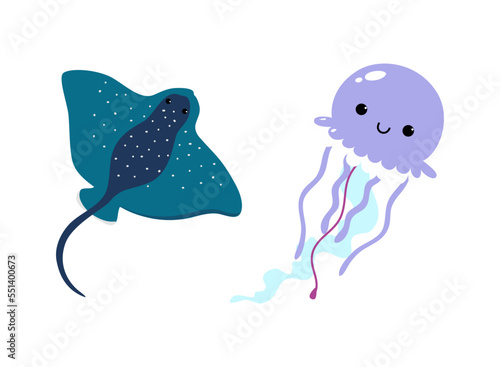 Jellyfish and Ray Fish as Sea Animal Floating Underwater Vector Set