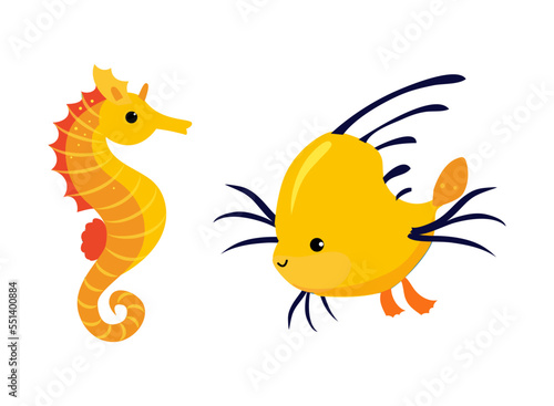 Seahorse and Fish as Sea Animal Floating Underwater Vector Set