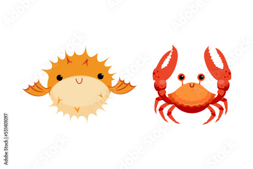 Crab and Blowfish as Sea Animal Floating Underwater Vector Set