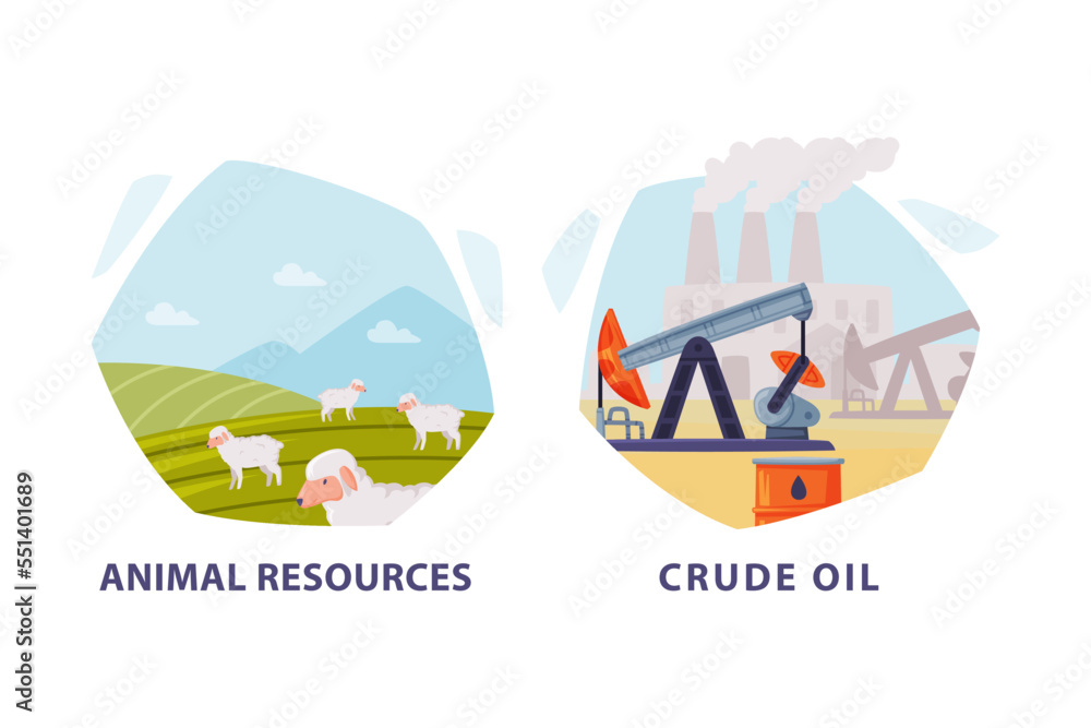 Naklejka premium Natural Resource with Crude Oil and Animals Hexagonal Shape Picture Vector Set