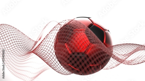 Black-red soccer ball with red mathematical geometric grid line wave under white-black background. Conceptual 3D CG of sports technology, strategic ideas and intellectual analysis of operations.