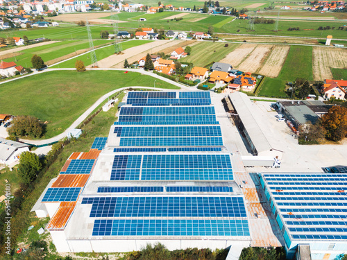 Energy efficient industrial warehouse with solar panels on the roof