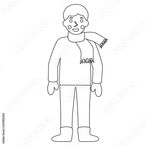 Cute boy in sweater, scarf and mittens, doodle style flat vector outline for kids coloring book