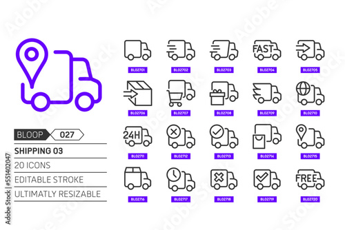Shipping 03 related, pixel perfect, editable stroke, up scalable, line, vector bloop icon set.